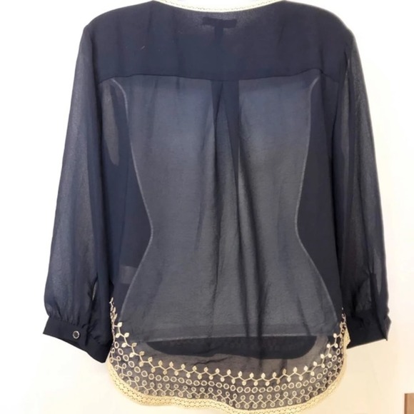 Monteau Navy Sheer Boho Tassel Blouse Small - Picture 5 of 8